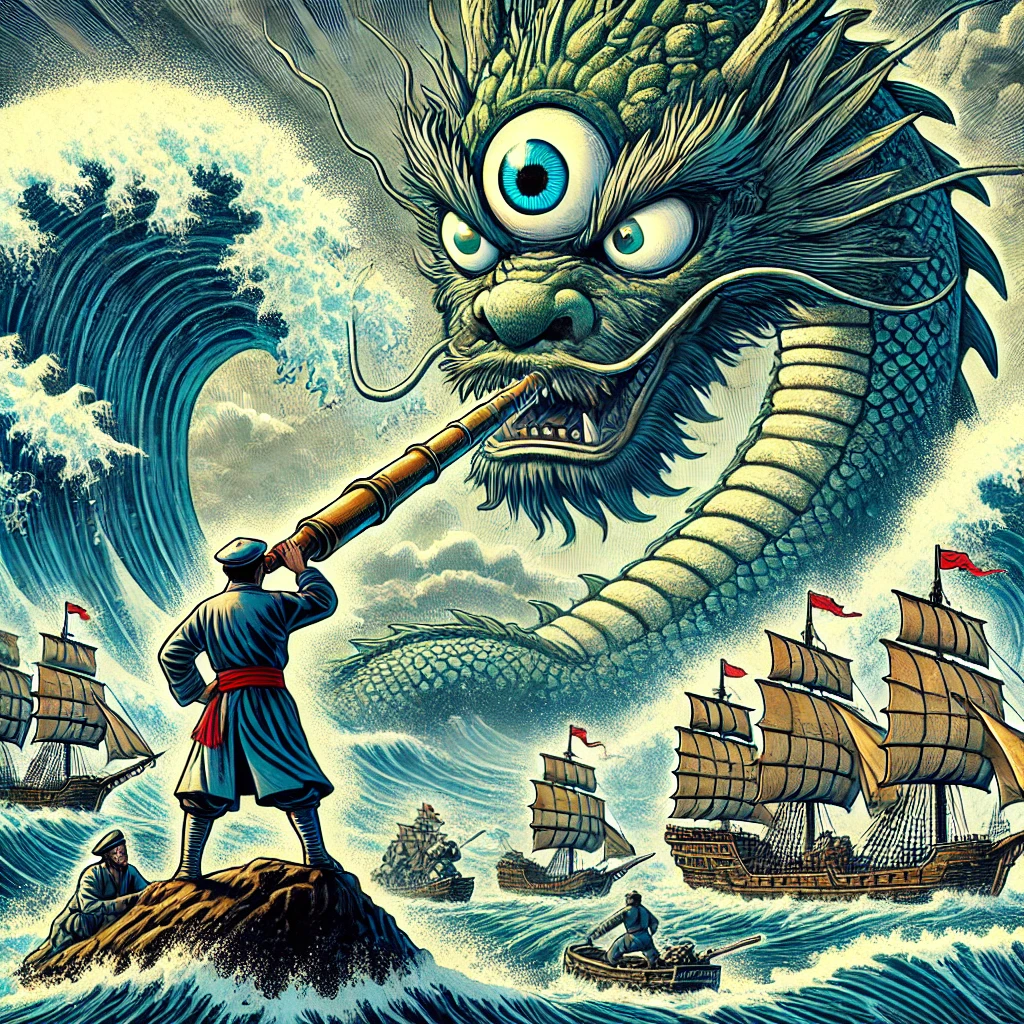 一幅展示千里眼与海怪对决的画面。画面背景是东海波涛汹涌,海怪巨大狰狞,掀起滔天巨浪。千里眼站在一块岩石上,手持望远镜,目光锐利,紧盯海怪的弱点。海面上还有几艘勇敢的水手船只,在千里眼的指引下向海怪发起攻击。整体色调充满力量与紧张感,体现了千里眼战斗时的英勇姿态。