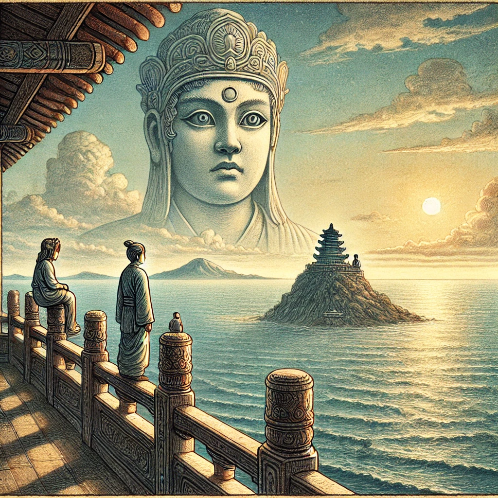 一幅展现千里眼站在妈祖庙高塔上,远望海面的画面。远处的海岛隐约可见,孤儿在海岛上孤独地坐着。顺风耳则站在千里眼旁边,倾听海上的声音。画面背景为苍茫的海天一色,天边的阳光微微透过云层,照亮大海和岛屿,象征着希望与守护。