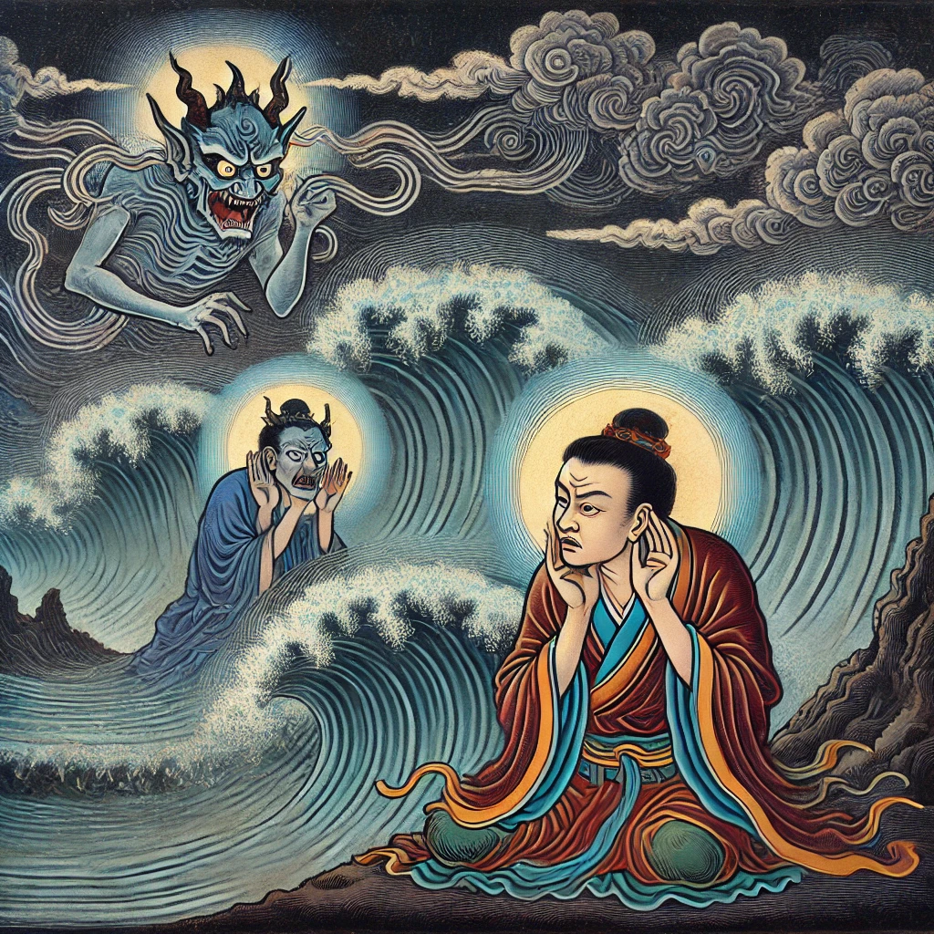 一幅展示顺风耳与魔音使者对抗的画面。画面背景为海面上的夜晚,顺风耳站在海边,双手放在耳边倾听,神情凝重,远处的海中升腾起带有妖气的魔音波纹,魔音使者隐约出现在波纹中,试图控制人心。顺风耳则用神力将魔音驱散,背景风浪交织,展现紧张的氛围。
