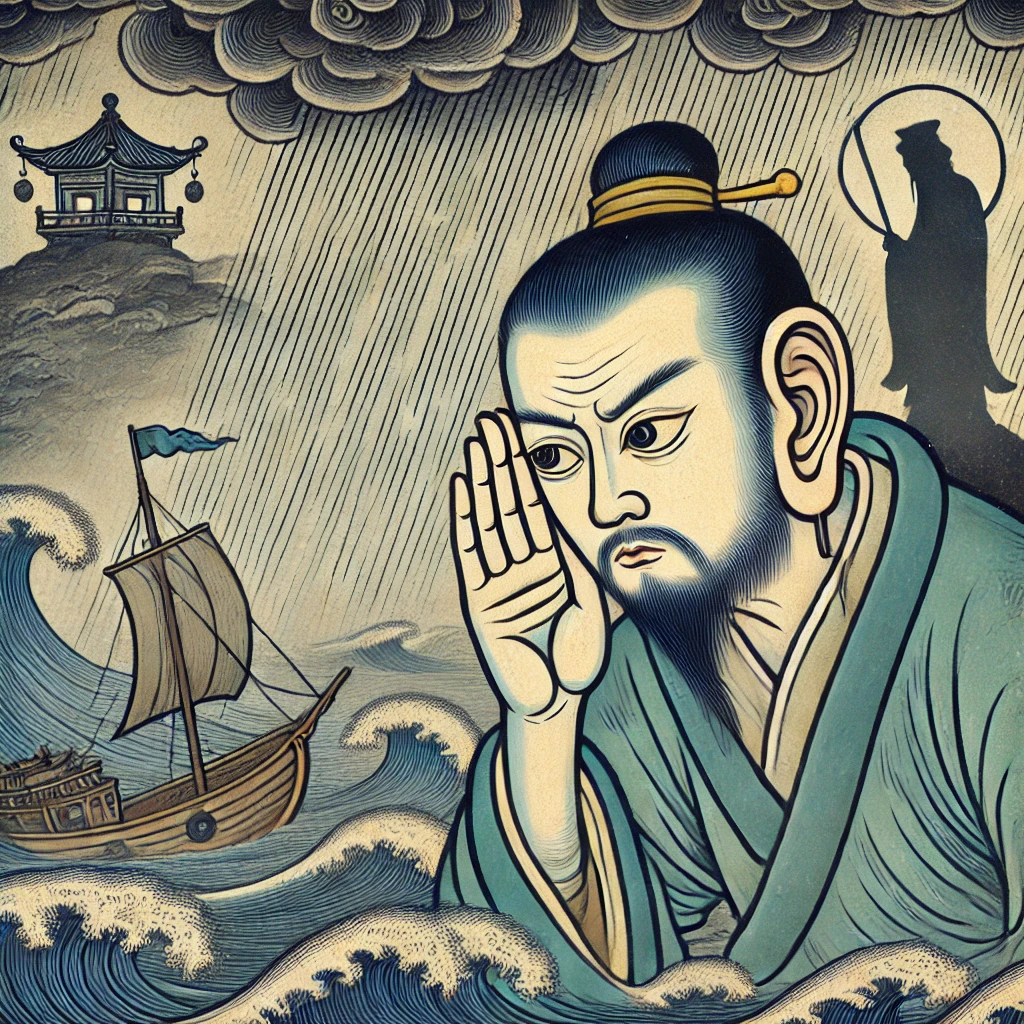 顺风耳站在高处的画面,远方是一片汪洋大海,他正集中精神倾听微弱的呼救声。背景是一艘渔民的小船在狂风暴雨中翻覆,顺风耳的表情专注,仿佛正在通过听觉准确定位船只的位置,背后则是妈祖庙的影子,象征着神灵的庇佑。